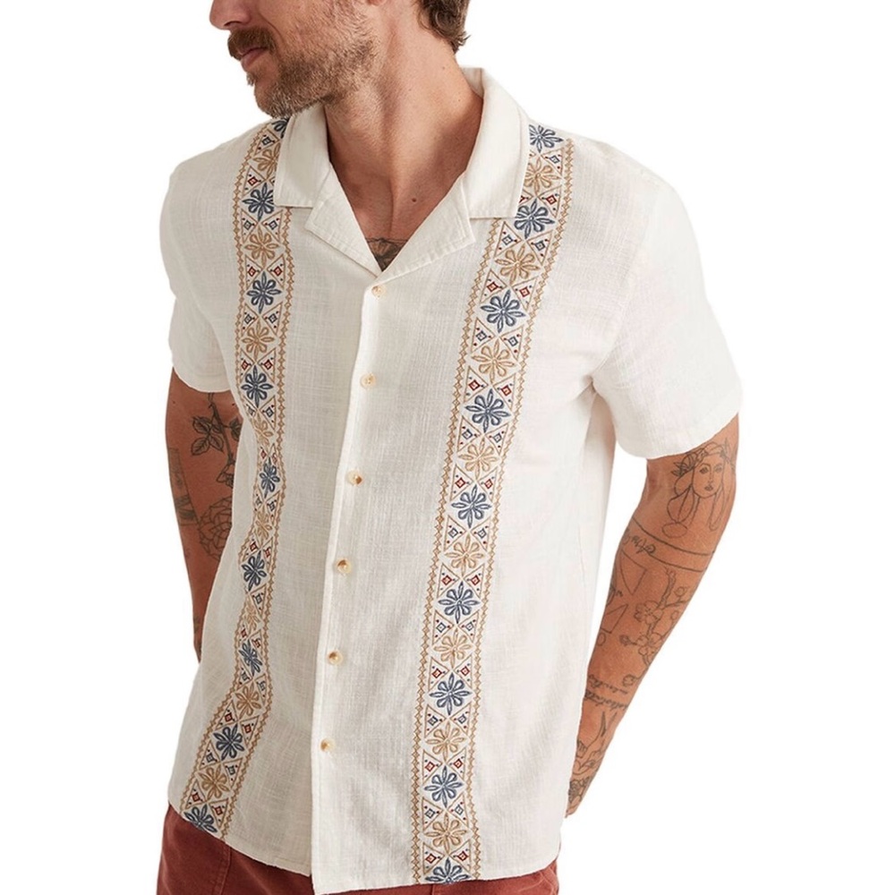 Marine Layer Archive White Cotton Embroidered Short Sleeve Button Front Shirt